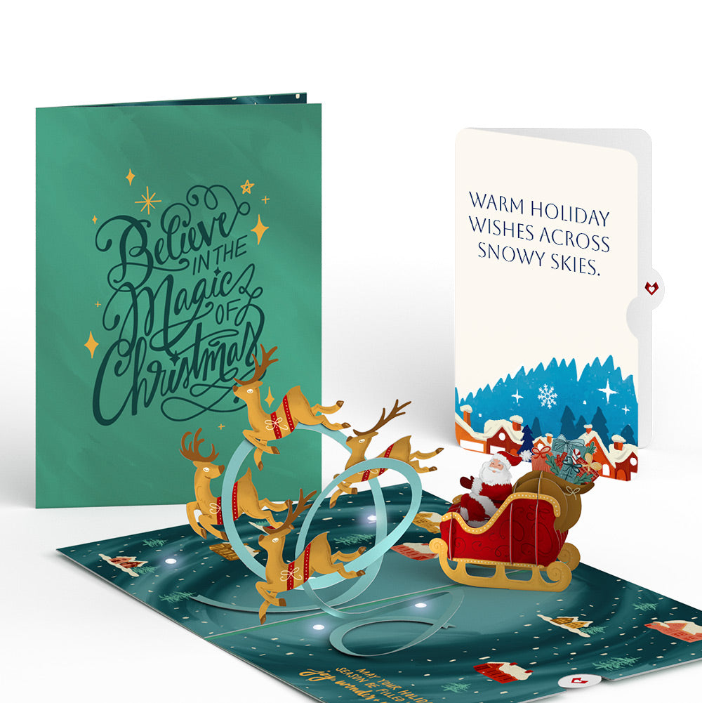 Magic of Christmas Santa's Sleigh Light-Up Pop-Up Card and Snow Village Holiday Sentiment Set