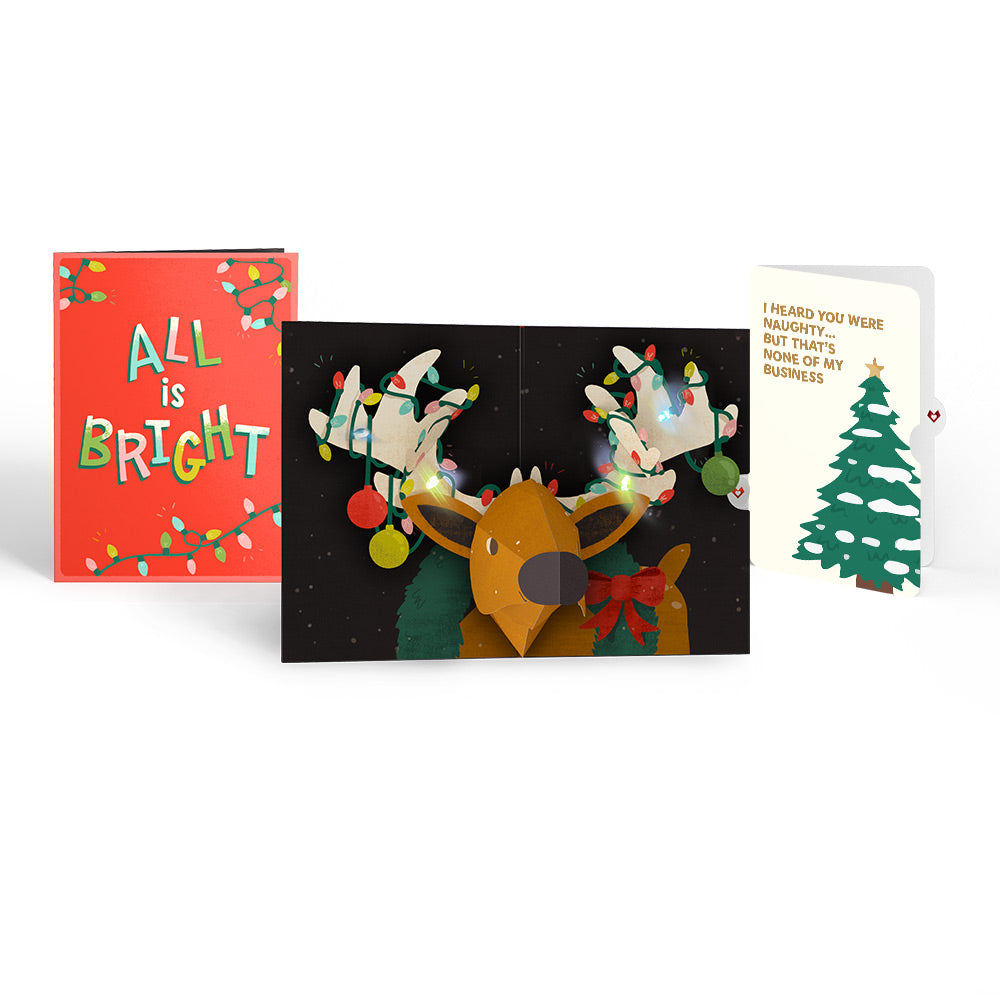 All Is Bright Holiday Reindeer Light-Up Pop-Up Card and Funny Tree Sentiment Set