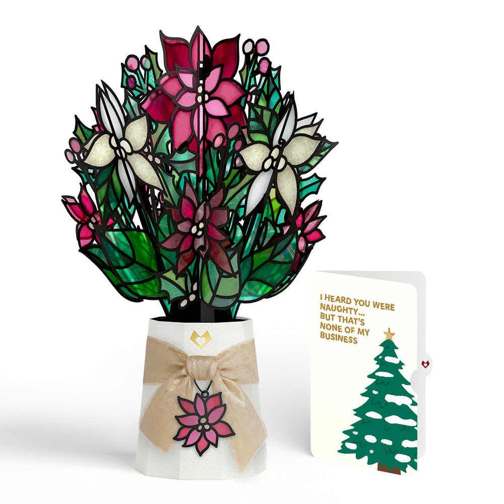Poinsettia Shimmer Christmas Suncatcher Bouquet and Funny Tree Sentiment Set