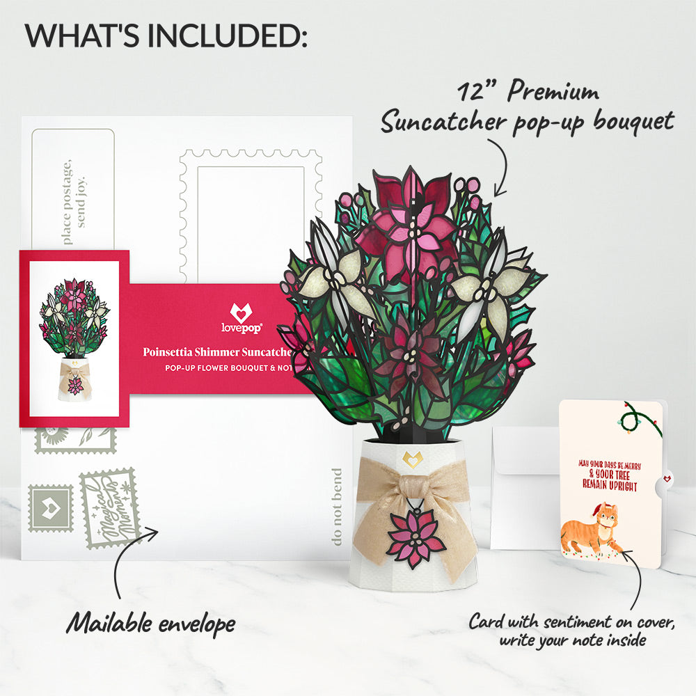 Poinsettia Shimmer Christmas Suncatcher Bouquet and Funny Cat Sentiment Set