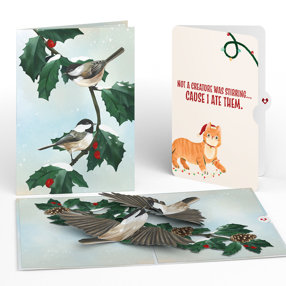 Winter Chickadees Pop-Up Card and Hungry Cat Christmas Sentiment Set