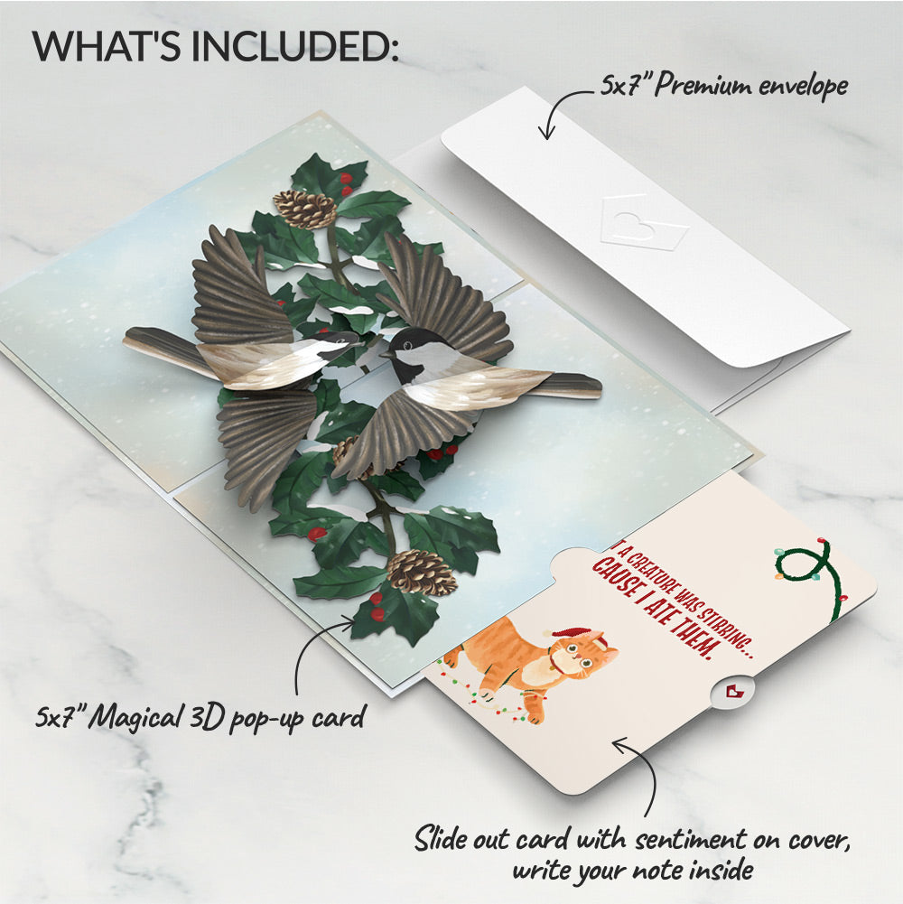 Winter Chickadees Pop-Up Card and Hungry Cat Christmas Sentiment Set