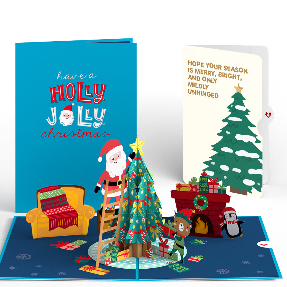 Santa Decorating a Christmas Tree Pop-Up Card and Blessing Sentiment Set