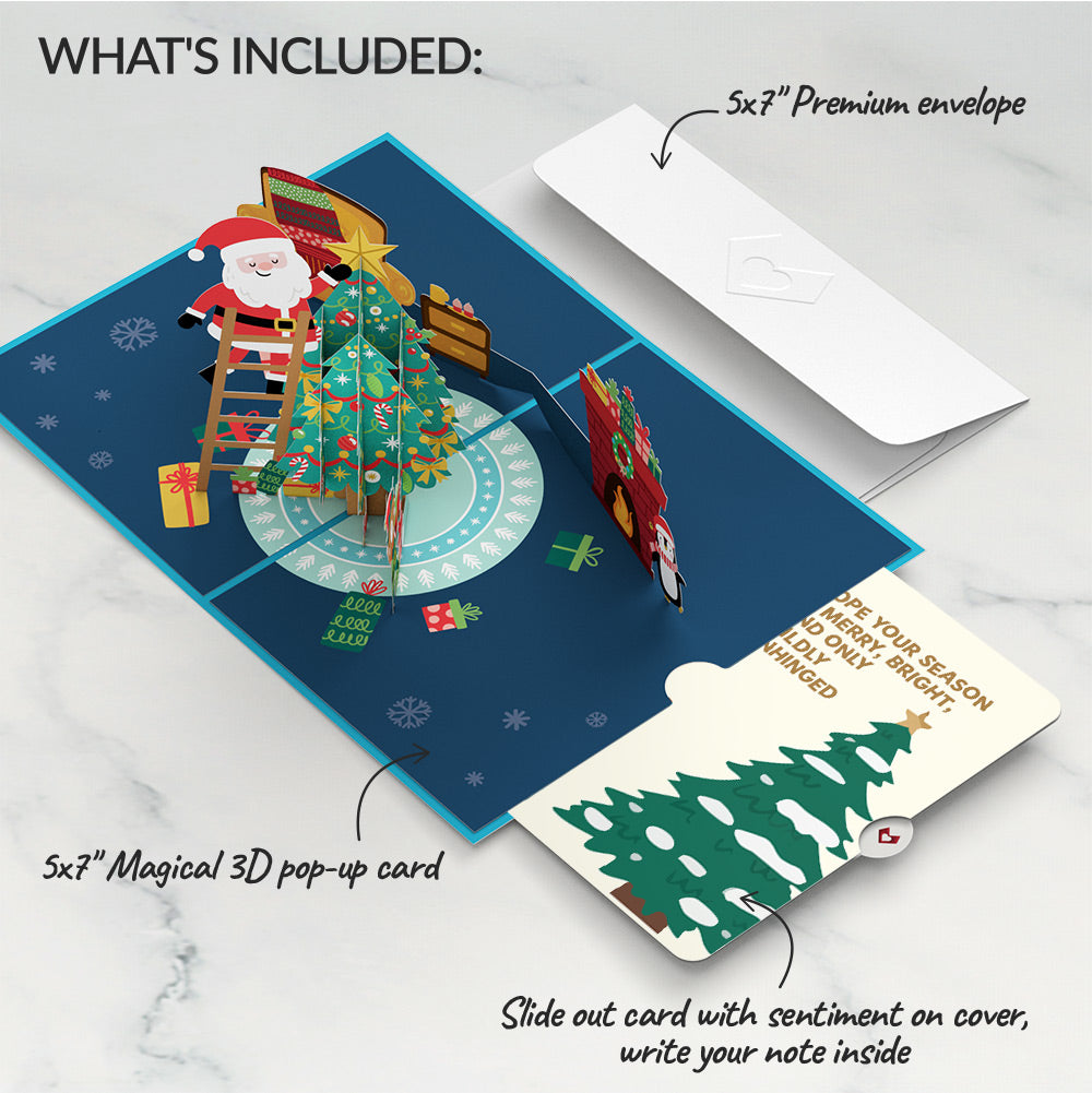 Santa Decorating a Christmas Tree Pop-Up Card and Blessing Sentiment Set