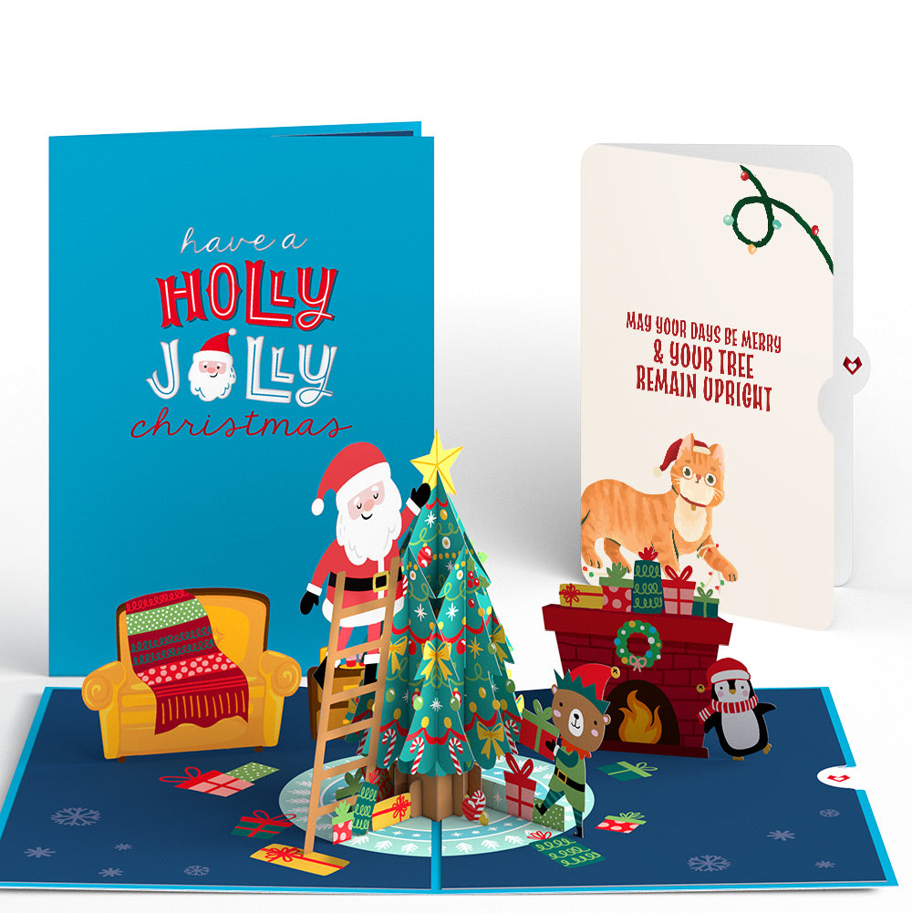 Santa Decorating a Christmas Tree Pop-Up Card and Funny Cat Sentiment Set
