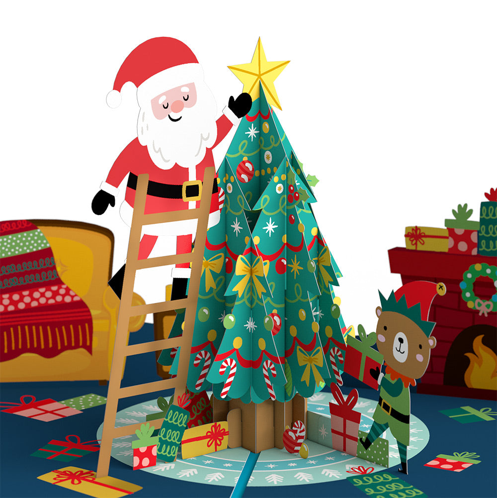 Santa Decorating a Christmas Tree Pop-Up Card and Funny Cat Sentiment Set