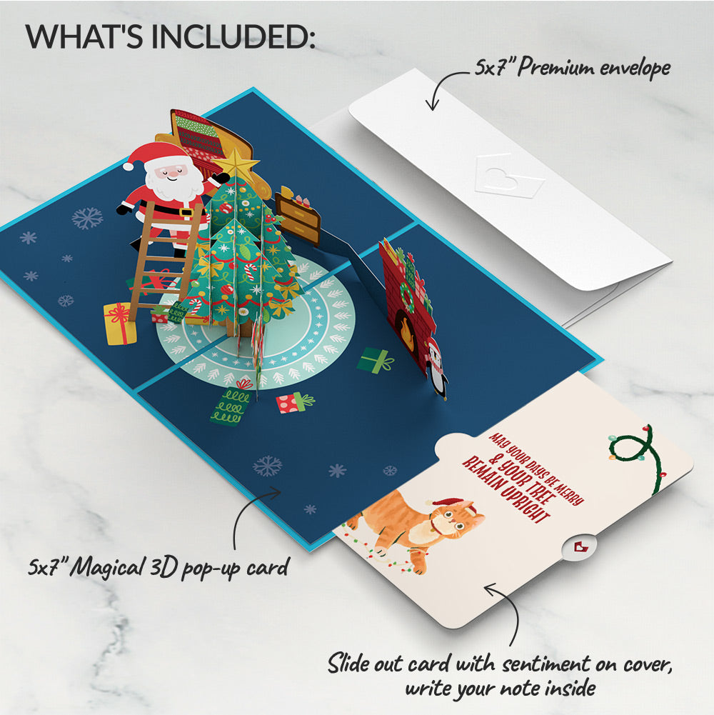 Santa Decorating a Christmas Tree Pop-Up Card and Funny Cat Sentiment Set