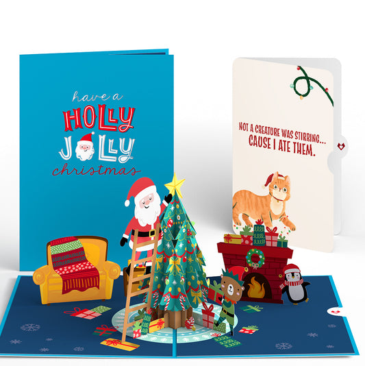 Santa Decorating a Christmas Tree Pop-Up Card and Hungry Cat Sentiment Set