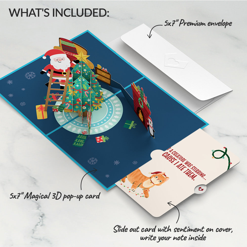 Santa Decorating a Christmas Tree Pop-Up Card and Hungry Cat Sentiment Set