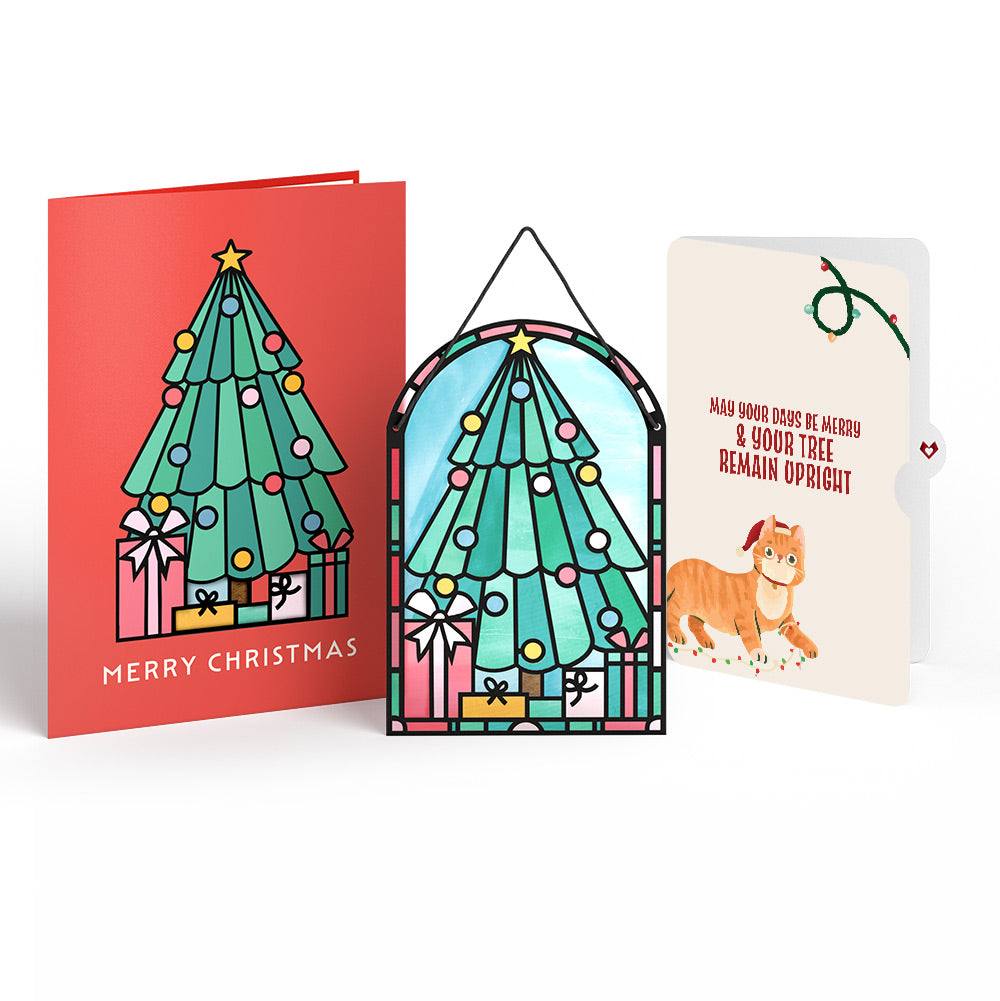 Merry Christmas Tree Suncatcher Card and Funny Cat Sentiment Set