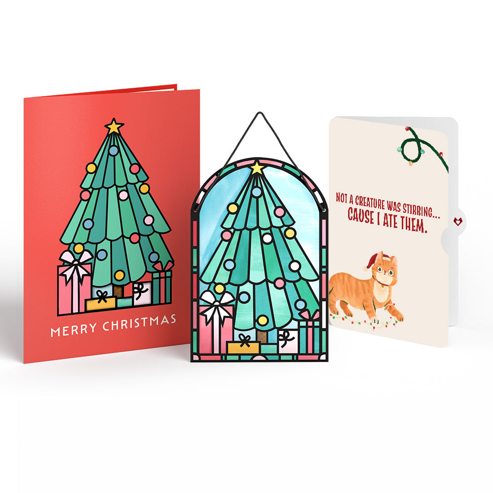 Merry Christmas Tree Suncatcher Card and Hungry Cat Sentiment Set