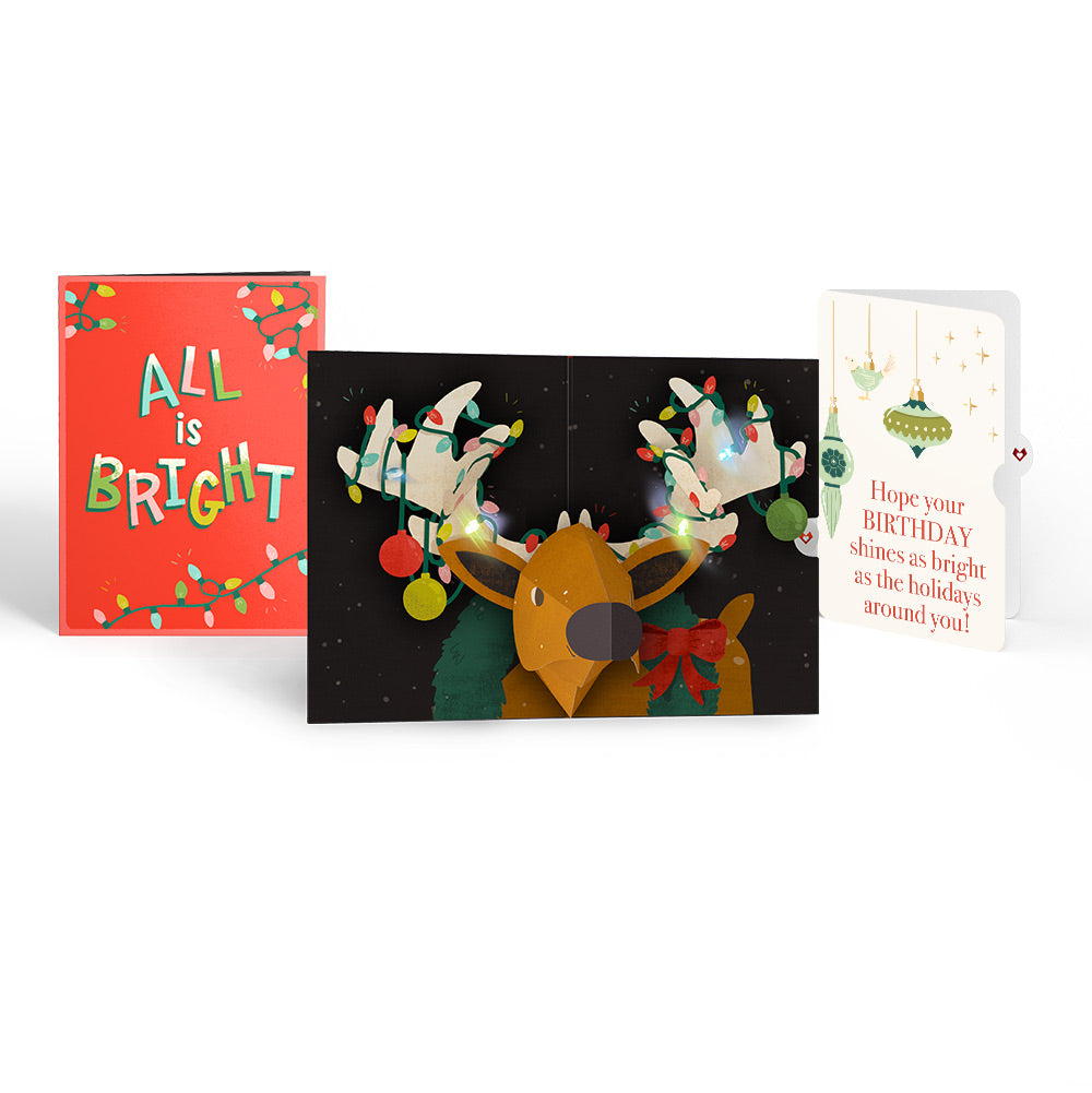 All Is Bright Holiday Reindeer Light-Up Pop-Up Card and Birthday Sentiment Set