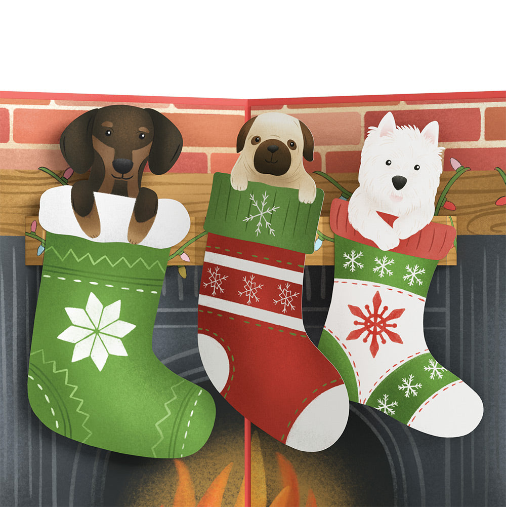 Christmas Dog Stockings Pop-Up Card and Twinkling Ornaments Birthday Sentiment Set