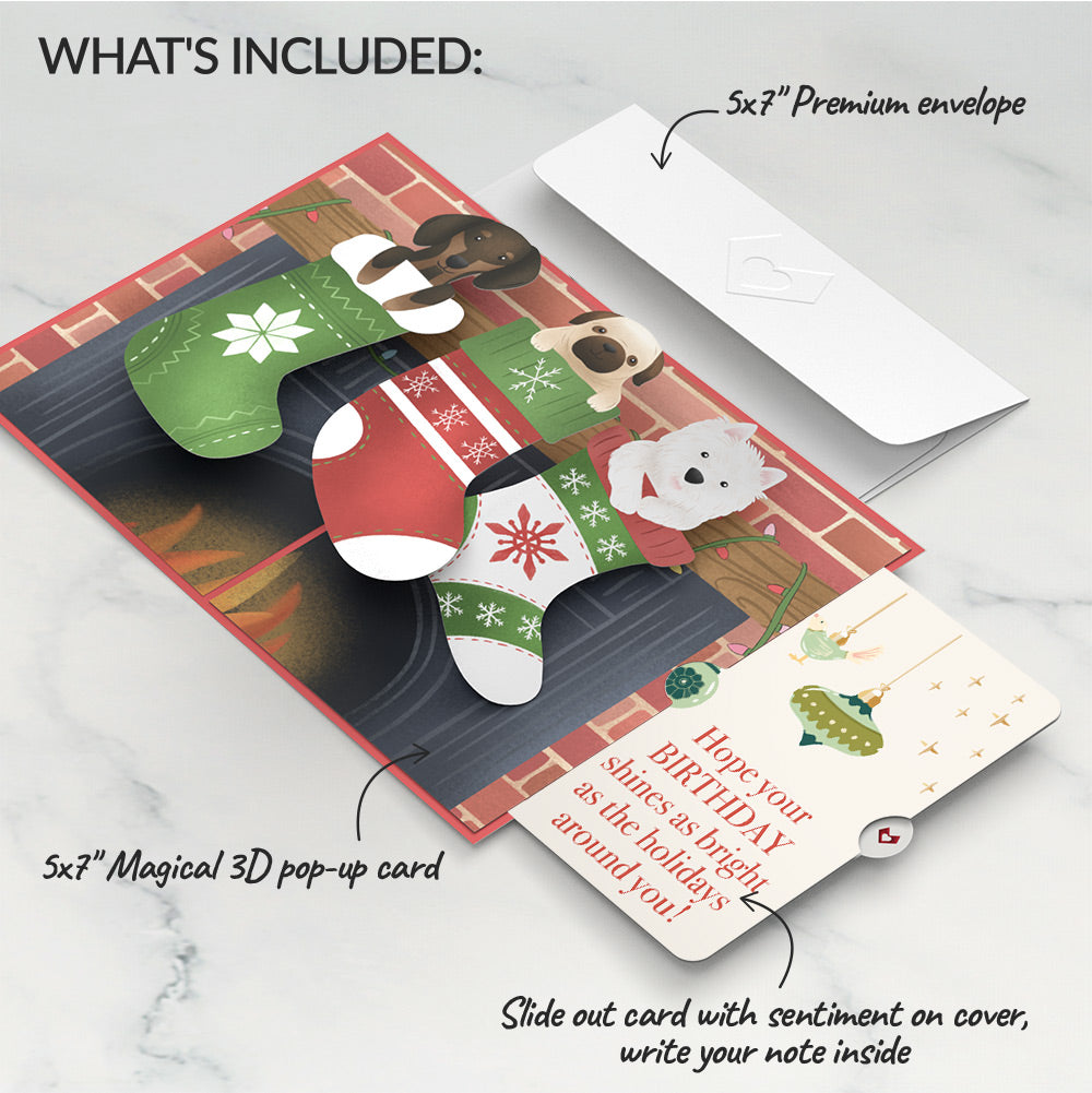 Christmas Dog Stockings Pop-Up Card and Twinkling Ornaments Birthday Sentiment Set