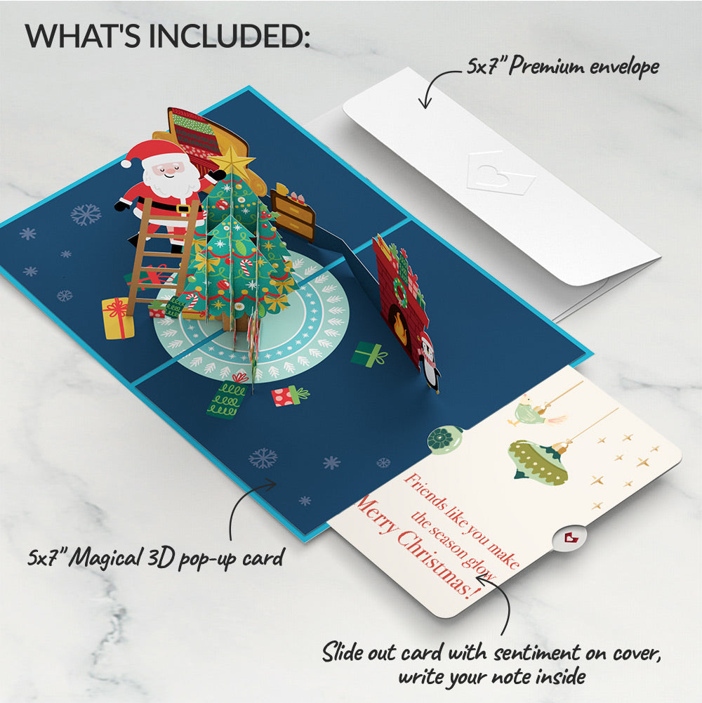 Santa Decorating a Christmas Tree Pop-Up Card and Sentiment Set for Friend