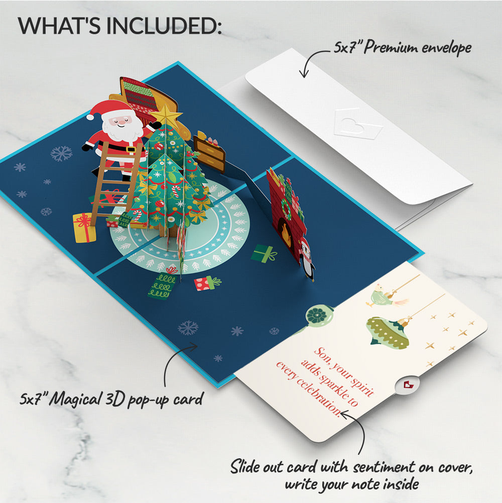 Santa Decorating a Christmas Tree Pop-Up Card and Sentiment Set for Son