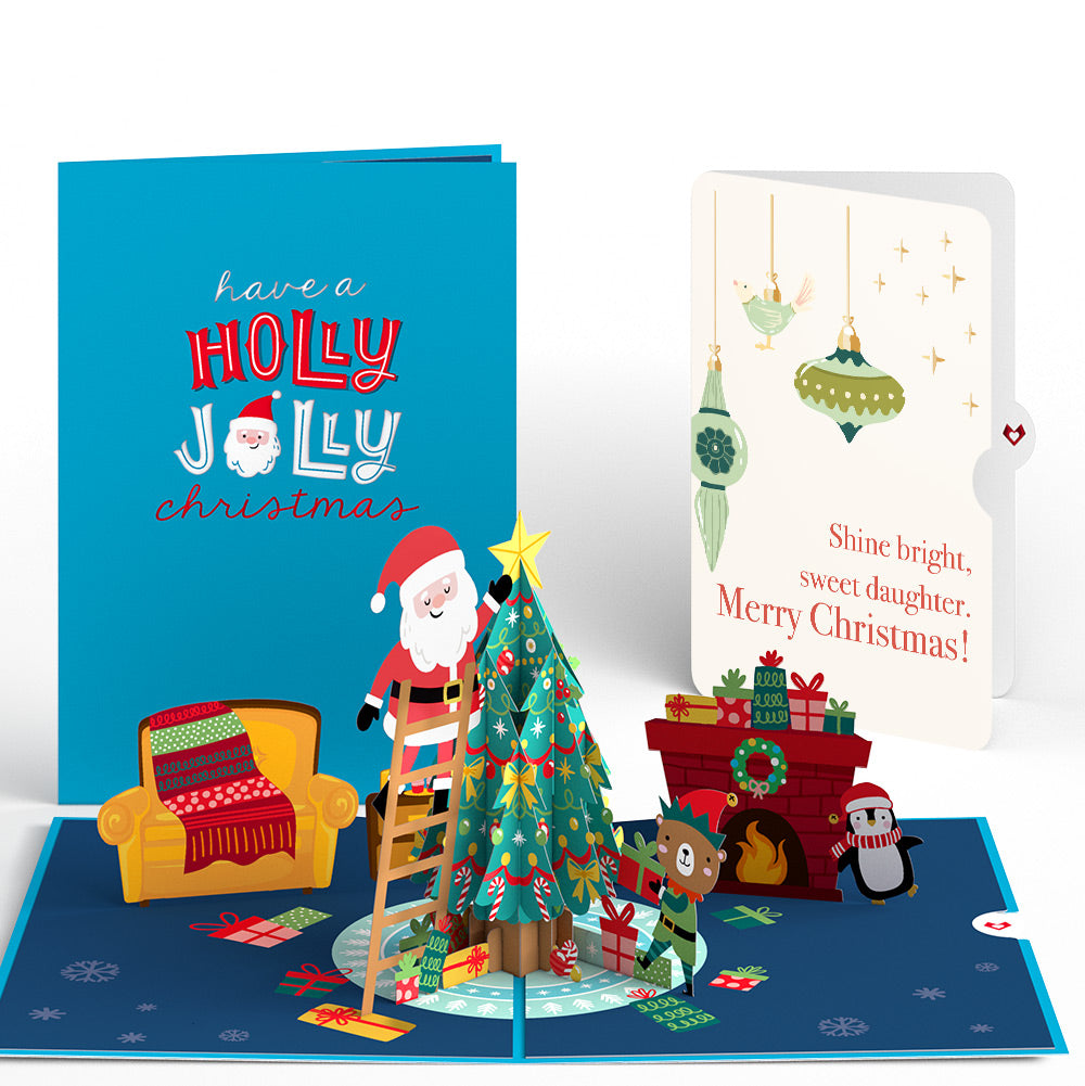 Santa Decorating a Christmas Tree Pop-Up Card and Sentiment Set for Daughter