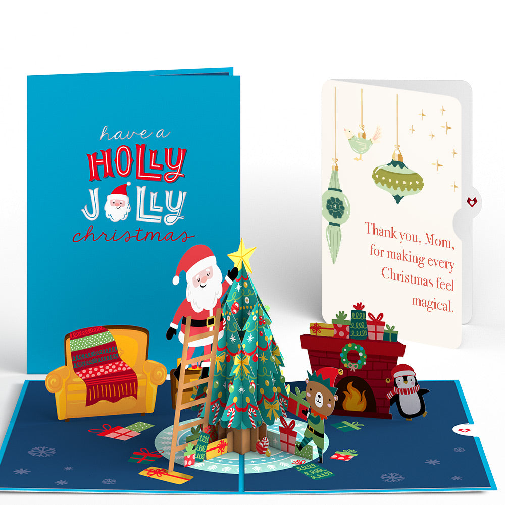 Santa Decorating a Christmas Tree Pop-Up Card and Sentiment Set for Mom