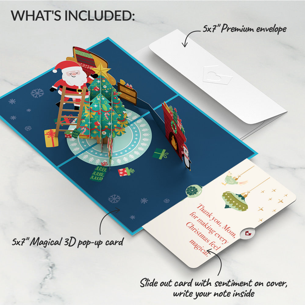 Santa Decorating a Christmas Tree Pop-Up Card and Sentiment Set for Mom