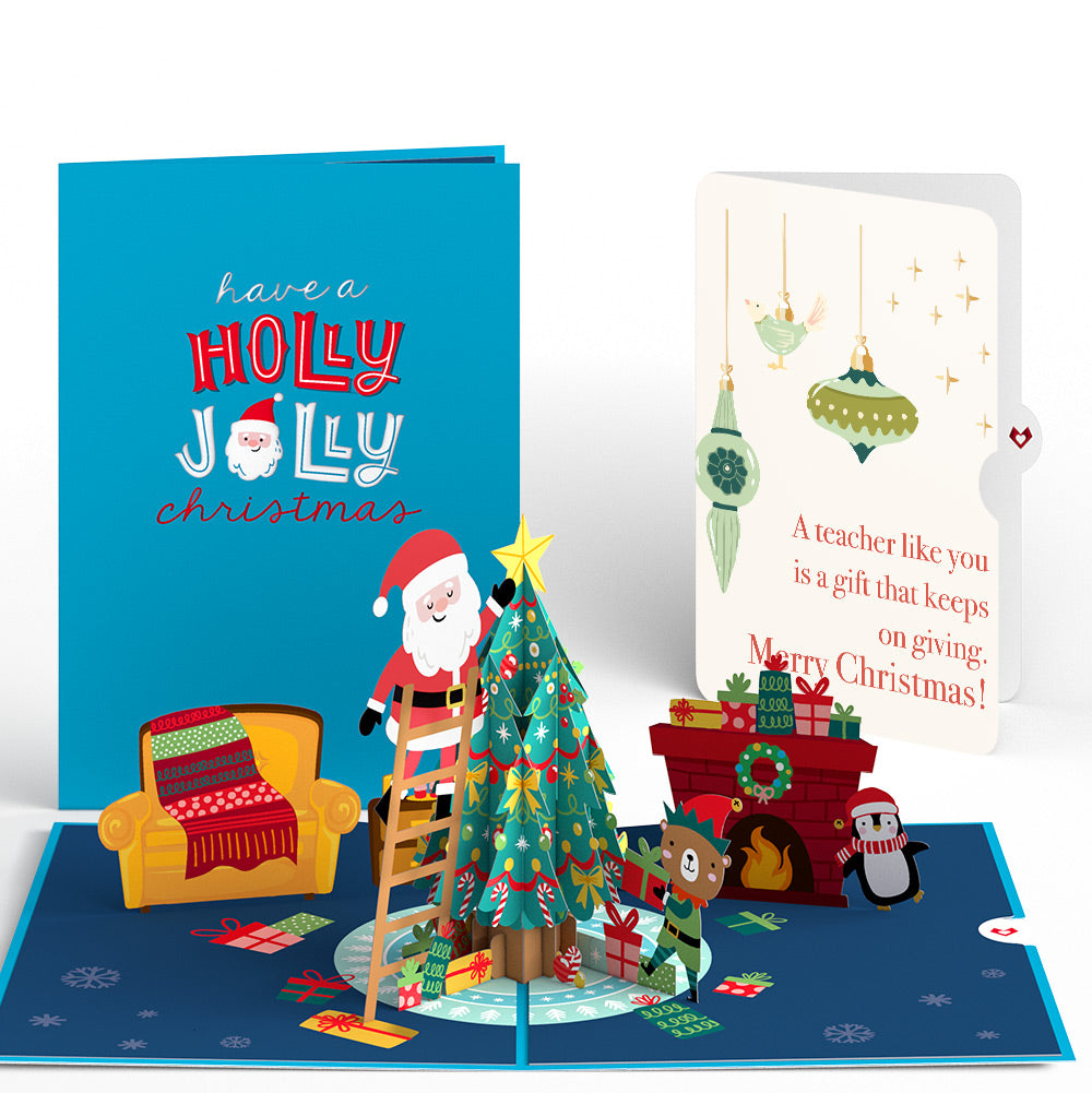 Santa Decorating a Christmas Tree Pop-Up Card and Sentiment Set for Teacher