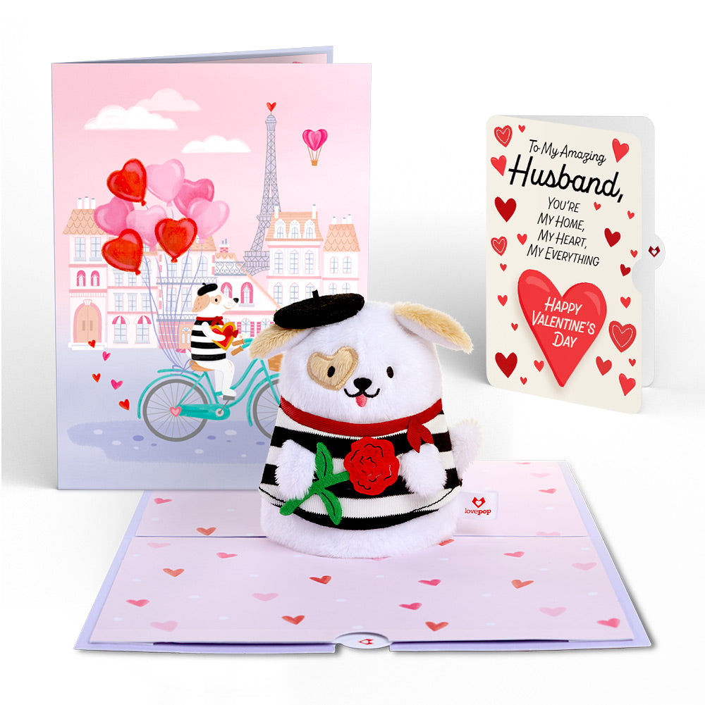 French Love Dog Plushpop Card and Full of Hearts Valentine Sentiment Set for Husband