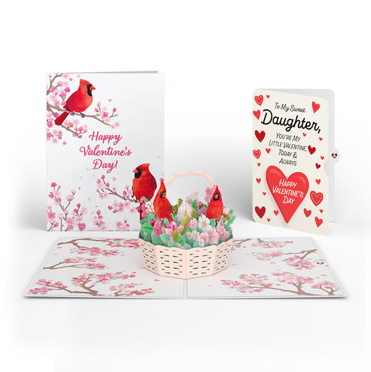 Valentine's Cherry Blossom Basket with Cardinals Pop-Up Card and Sentiment Set for Daughter
