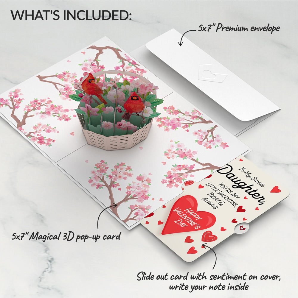 Valentine's Cherry Blossom Basket with Cardinals Pop-Up Card and Sentiment Set for Daughter