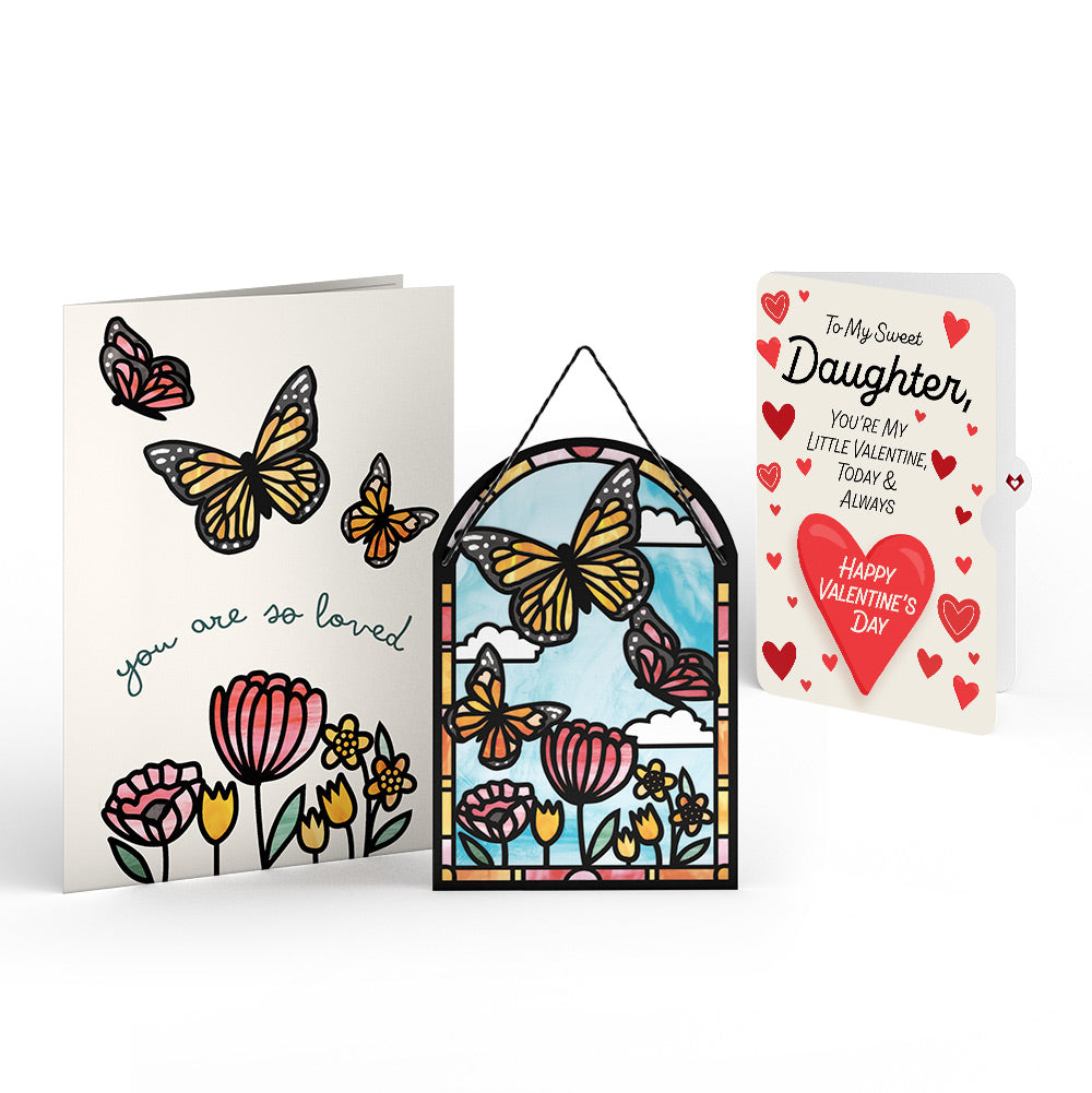You Are So Loved Butterflies Suncatcher Card and Full of Hearts Valentine Sentiment Card for Daughter