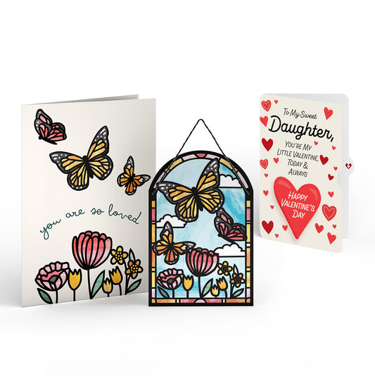 You Are So Loved Butterflies Suncatcher Card and Full of Hearts Valentine Sentiment Set for Daughter
