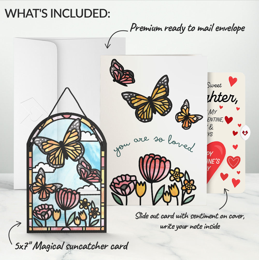 You Are So Loved Butterflies Suncatcher Card and Full of Hearts Valentine Sentiment Card for Daughter