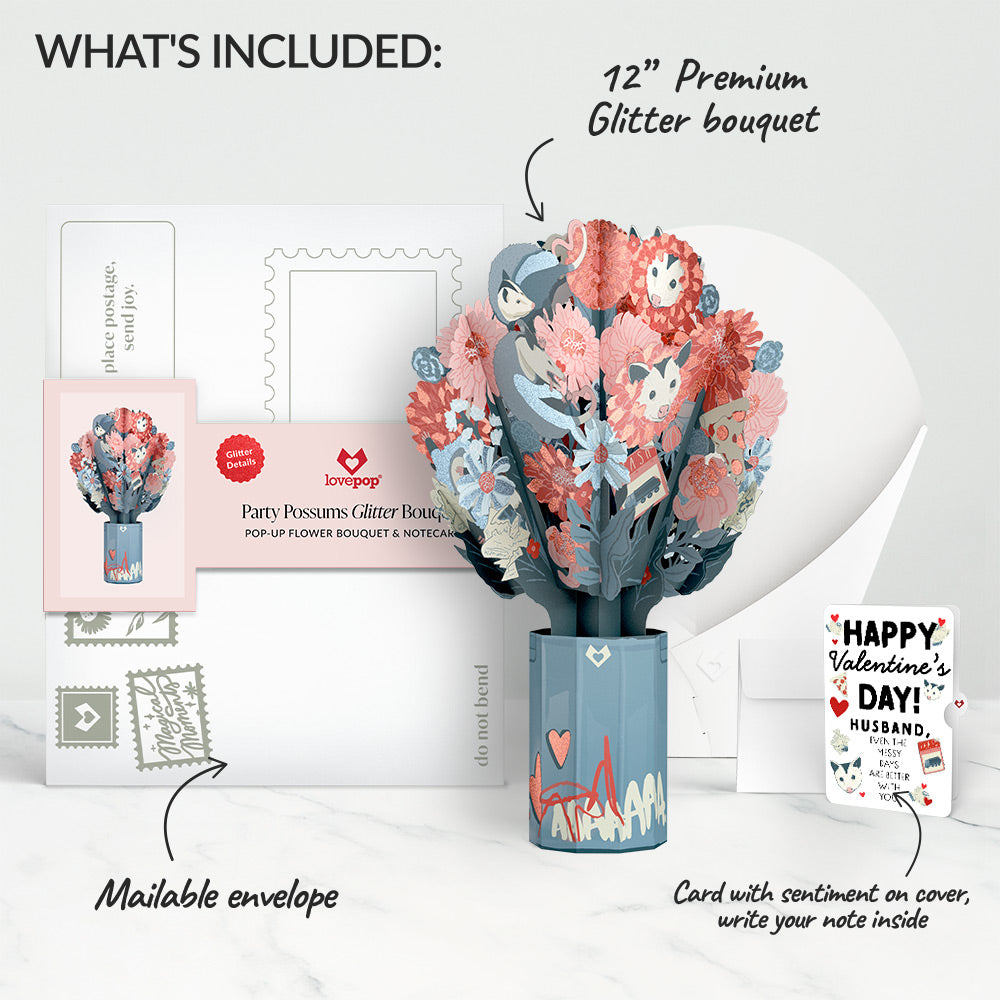 Party Possums Valentine Glitter Bouquet and Sentiment Set for Husband