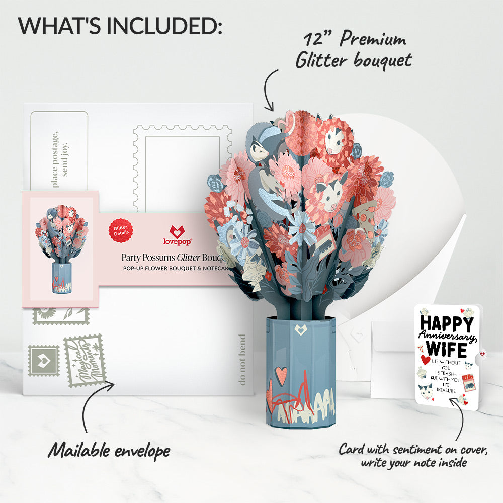 Party Possums Anniversary Glitter Bouquet and Sentiment Set for Wife