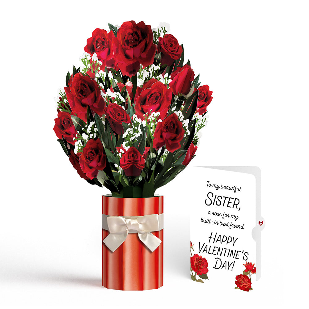 Romantic Red Roses Valentine Bouquet and Roses Sentiment Set for Sister