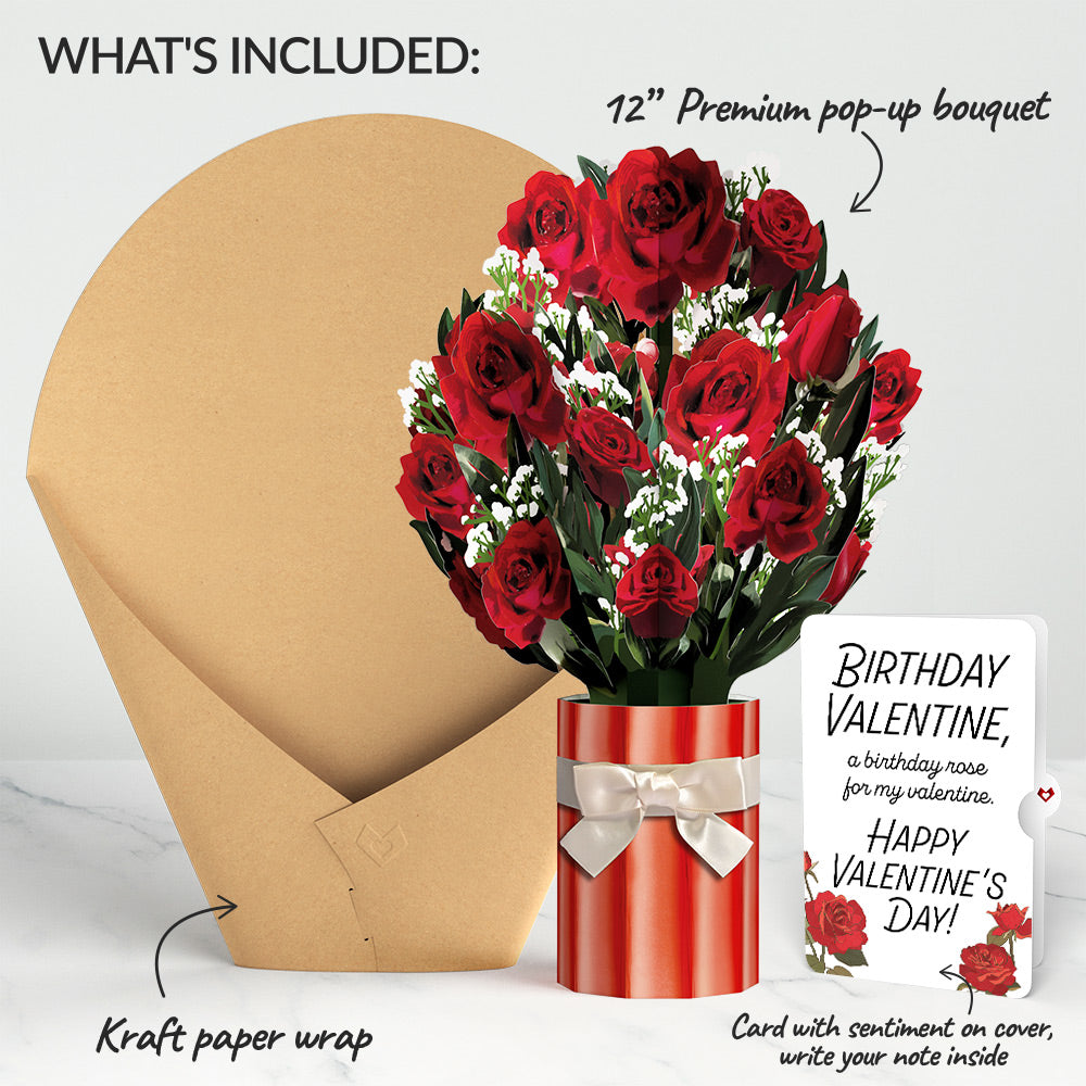 Romantic Red Roses Birthday Bouquet and Roses Sentiment Set