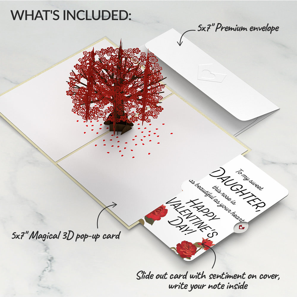 Red Sakura Tree Valentine Pop-Up Card and Roses Sentiment Set for Daughter