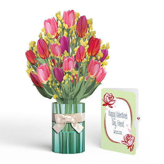 Cheerful Tulips Valentine Bouquet and Sweet Rose Sentiment Set for Friend