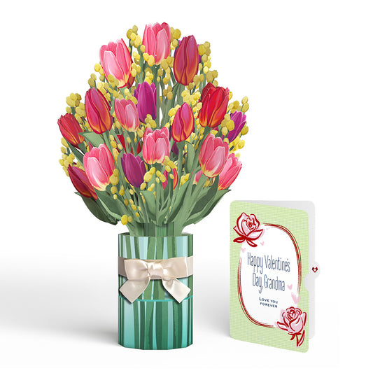 Cheerful Tulips Valentine Bouquet and Sweet Rose Sentiment Set for Grandmother