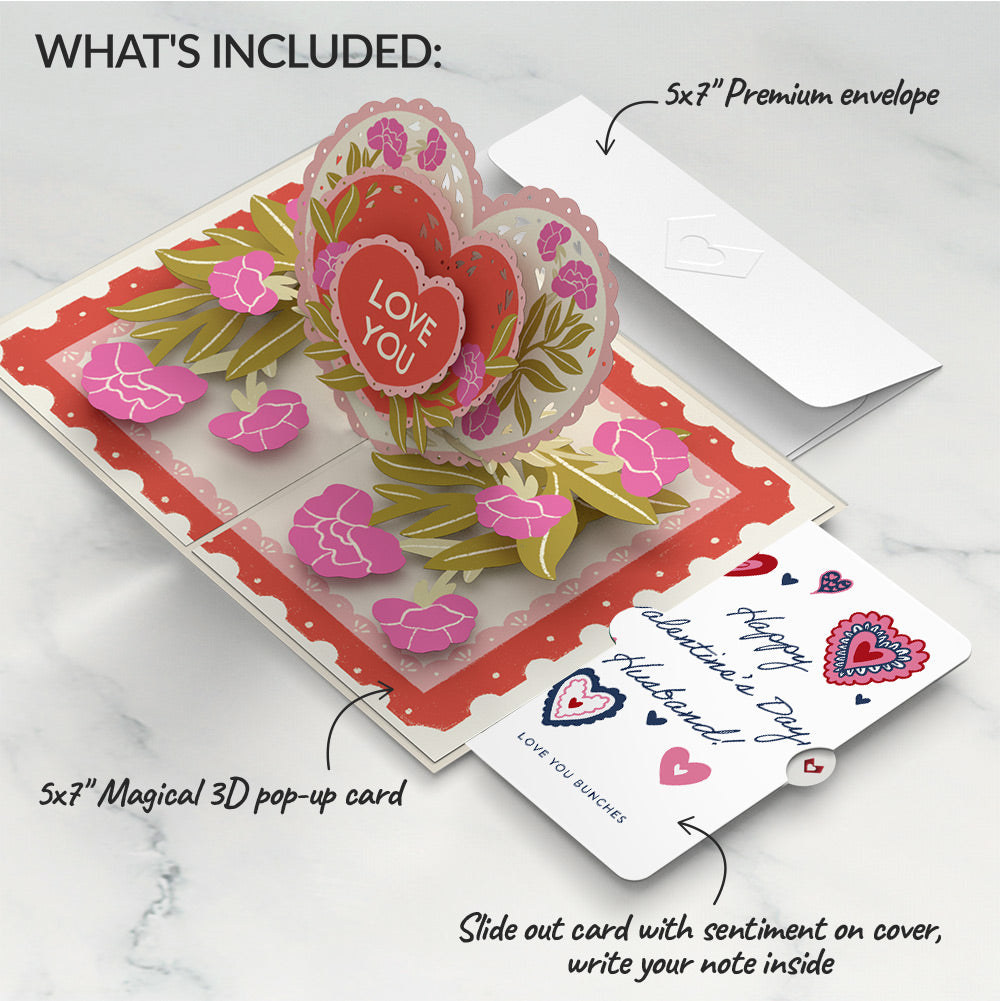 Vintage Floral Love You Heart Valentine Pop-Up Card and Sentiment Set for Husband