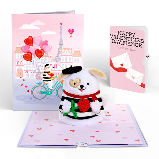 French Love Dog Valentine Plushpop Card and Sentiment Set for Fiancé