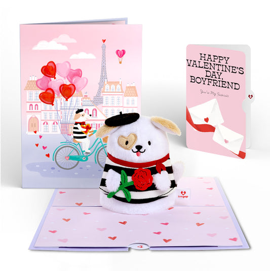 French Love Dog Valentine Plushpop Card and Sentiment Set for Boyfriend