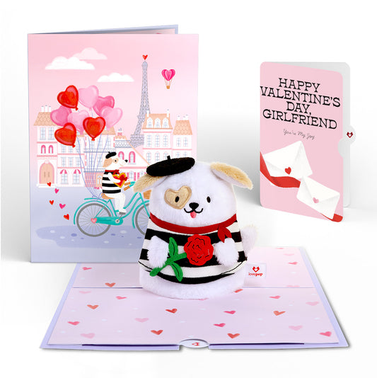 French Love Dog Valentine Plushpop Card and Sentiment Set for Girlfriend