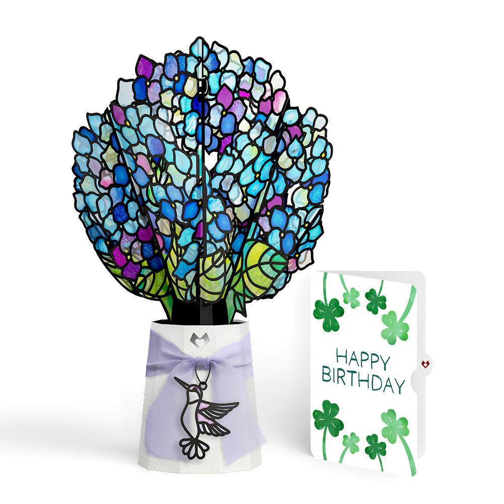 Sunlit Hydrangeas Birthday Suncatcher Bouquet and Shamrock Sprigs Sentiment Set