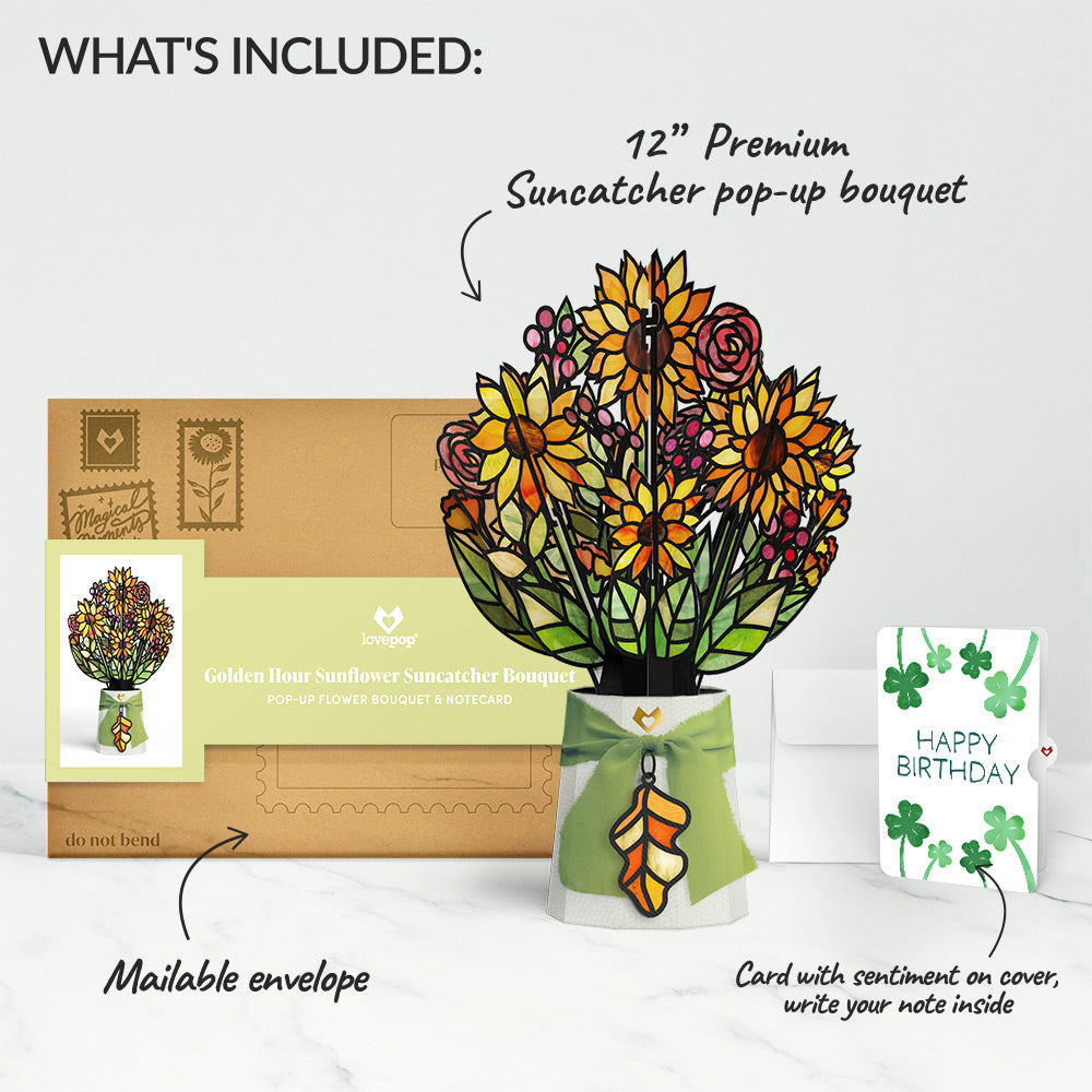Golden Hour Sunflower Birthday Suncatcher Bouquet and Shamrock Sprigs Sentiment Set