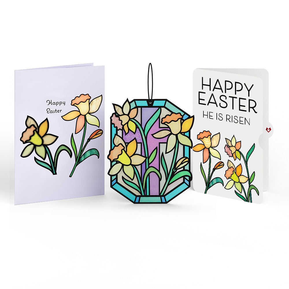 Happy Easter Daffodil Easter Suncatcher Card and Garden Blooms He Is Risen Sentiment Set