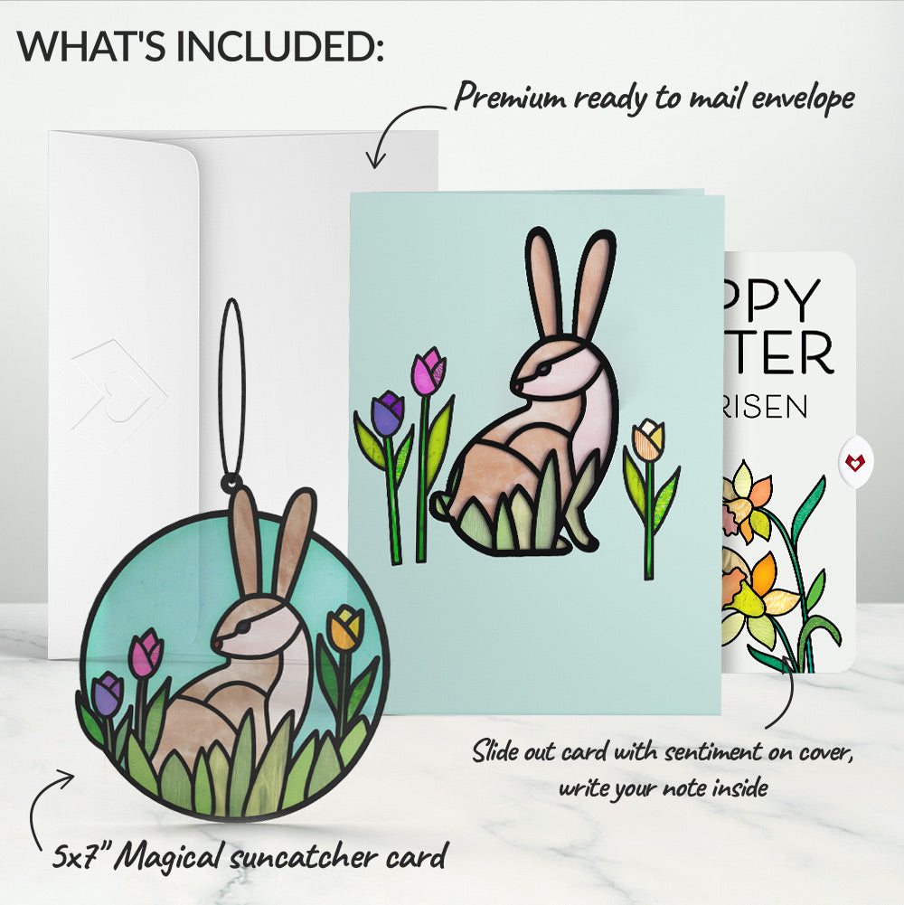 Springtime Bunny Easter Suncatcher Card and Garden Blooms He Is