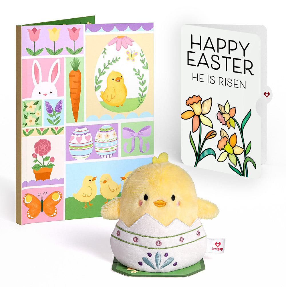 Spring Chick Easter Plushpop Card and Garden Blooms He Is Risen Sentiment Set