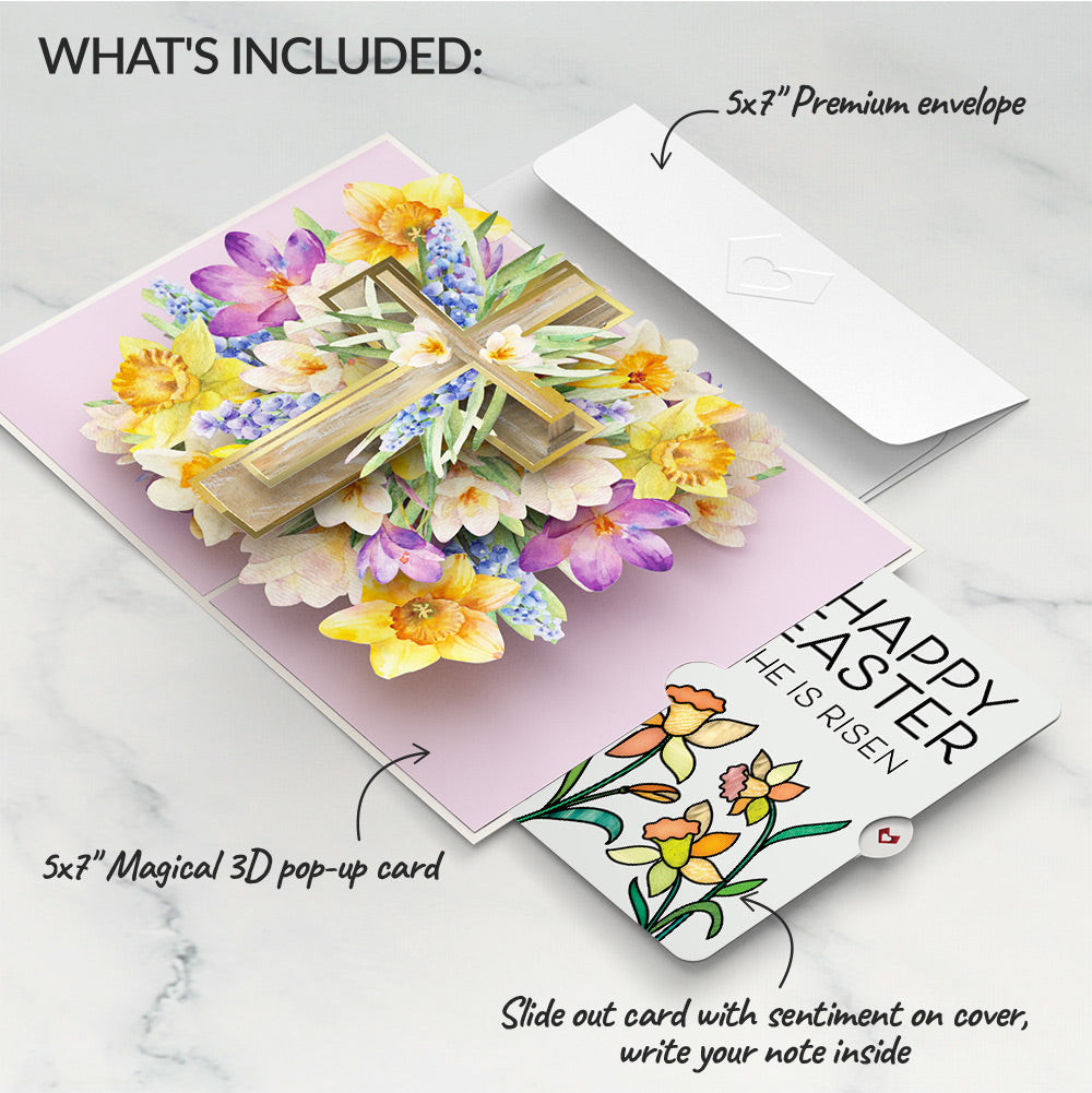 The Lord Bless You Floral Cross Easter Pop-Up Card and Garden Blooms He Is Risen Sentiment Set