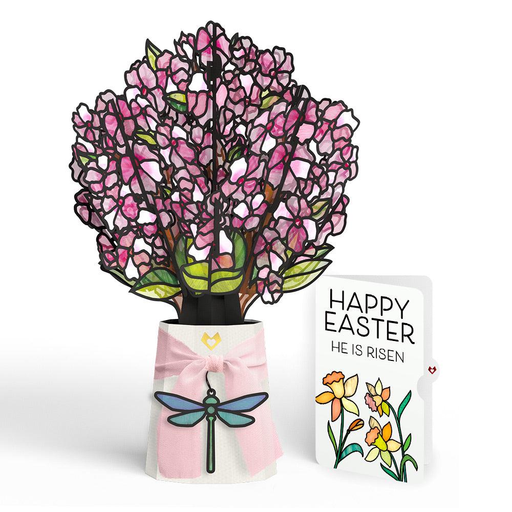 Sun-dappled Cherry Blossom Easter Suncatcher Bouquet and Garden Blooms He Is Risen Sentiment Set