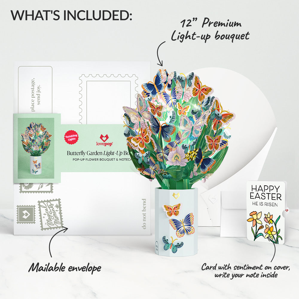 Butterfly Garden Easter Light-Up Bouquet and Garden Blooms He Is Risen Sentiment Set