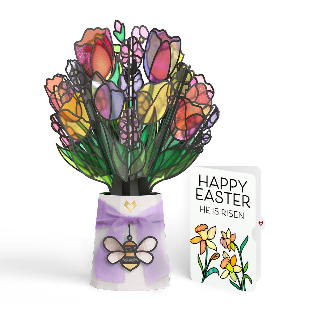 Vibrant Tulip Easter Suncatcher Bouquet and Garden Blooms He Is Risen Sentiment Set